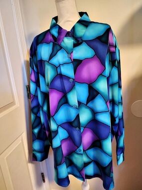 Susan Graver Abstract Button Down Top in Blue & Purple Size 3X